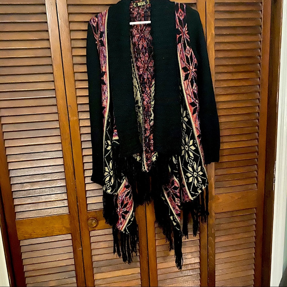 Fringe drape-front sweater